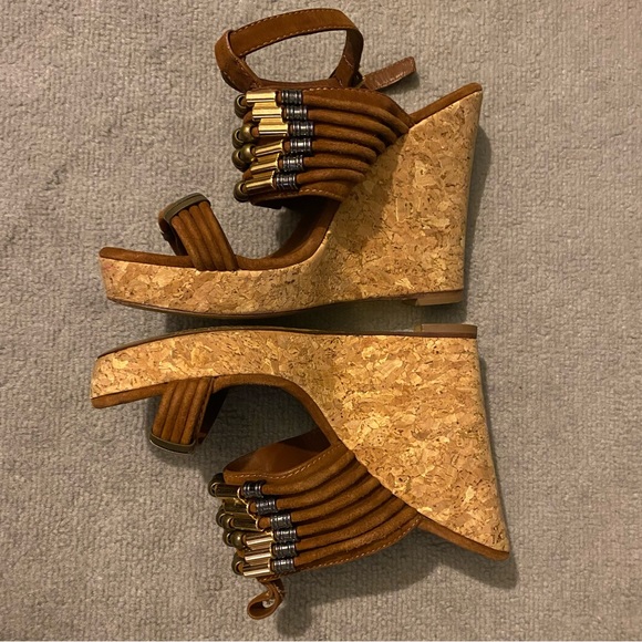 Tory Burch Wedge Heels Women’s 9M Brown Leather Cork Beaded *Missing Ankle Strap - Picture 12 of 12